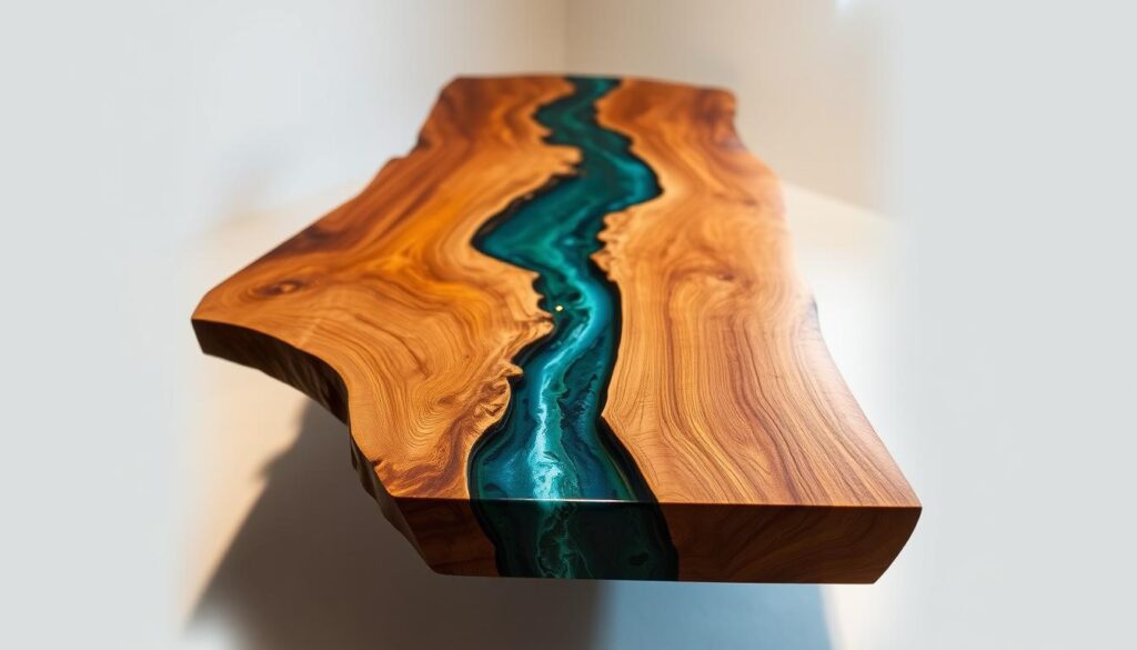 A beautifully crafted live edge river table, showcasing the natural beauty of wood. The table's surface features a mesmerizing epoxy resin inlay, mimicking the flow of a tranquil river. Warm, directional lighting highlights the unique grain patterns and organic contours of the wooden slab, creating a captivating interplay of textures. The table is positioned in a serene, minimalist setting, allowing the craftsmanship and material to take center stage. Crisp, high-resolution photography captures every intricate detail, from the smooth, polished edges to the subtle variations in the epoxy's transparency. This stunning piece embodies the perfect balance of rustic charm and modern design, an inspiring example for any aspiring woodworker or epoxy artist.