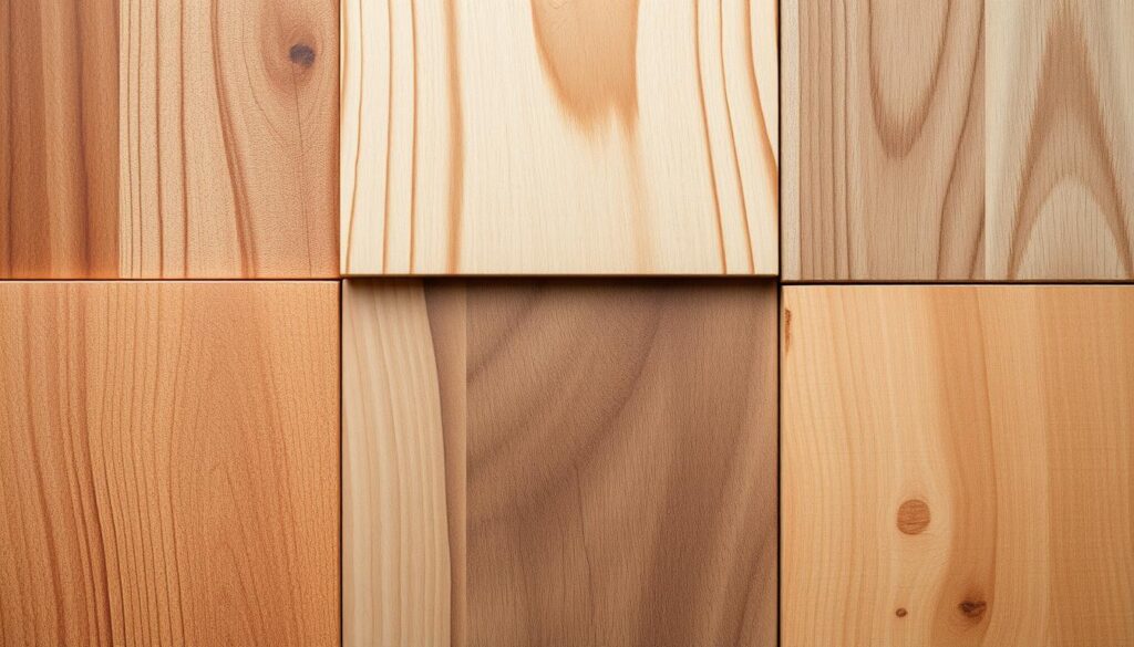 A close-up shot of various wood samples, each representing a different type of wood commonly used for DIY coffee tables: oak, maple, walnut, teak, pine, and poplar. The samples are arranged in a grid formation, showcasing the unique grains, textures, and color variations of each wood type. The lighting is soft and diffused, highlighting the depth and durability of the materials. The overall composition conveys a sense of craftsmanship, inviting the viewer to closely examine the qualities of each wood and appreciate its suitability for a long-lasting DIY coffee table project.