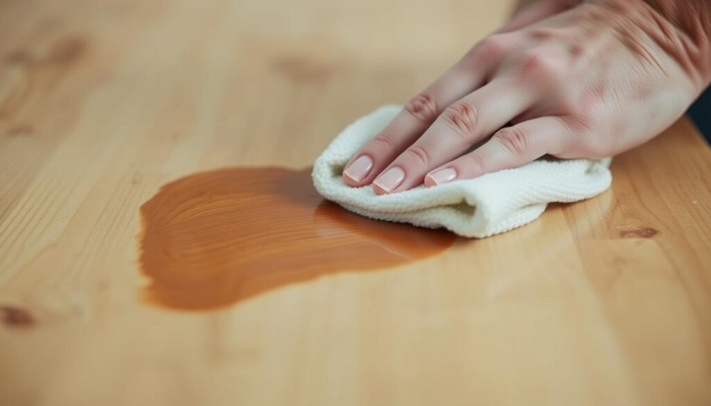 A closeup view of a person's hands carefully applying wood stain to a smooth wooden surface with a soft cloth, showcasing the proper technique. The wood has a warm, natural grain, and the stain is spreading evenly in long, even strokes. The lighting is soft and diffused, creating a calming, focused atmosphere. The background is blurred, keeping the attention on the staining process. The image captures the precision and attention to detail required for achieving a professional-looking wood finish.