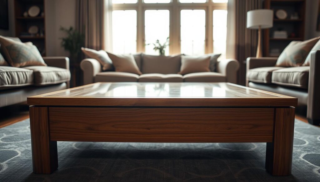 A coffee table of modest proportions, occupying an ideal middle ground between diminutive and overbearing. Crafted from warm, richly grained wood, its simple, clean-lined form is highlighted by soft, diffused lighting spilling in from large windows. The tabletop surface reflects the surrounding space, creating a sense of depth and visual balance. The table's scale and placement within the room are perfectly harmonious, neither dwarfing nor being dwarfed by the surrounding furniture. Captured at a low, intimate angle, this image conveys a sense of considered design and thoughtful spatial planning.