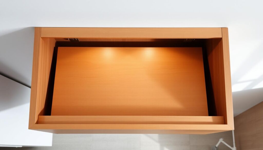 A compact, hinged tabletop with a hidden storage compartment inside, featuring a warm, minimalist design in natural wood tones. The tabletop has a clean, flat surface with a subtle wooden grain texture. The hinges are discreet, allowing the top to smoothly open and reveal the storage space beneath. Soft, directional lighting from above casts gentle shadows, highlighting the table's sleek profile and functional simplicity. The overall mood is one of understated elegance and practicality, suitable for a small apartment or home office setting.