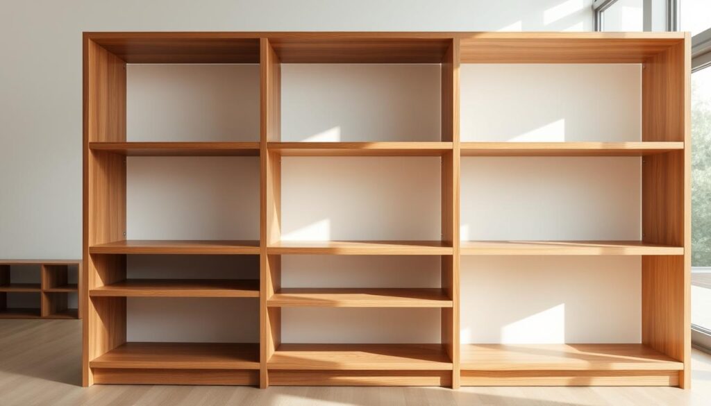 A compact, minimalist bookshelf with clean lines and adjustable wooden shelves, illuminated by soft, natural lighting. The shelves are arranged in a simple, asymmetrical pattern, creating visual interest. The wood grain is prominent, with a warm, matte finish that complements the overall design. The bookshelf is positioned in a bright, airy room with large windows, casting a gentle glow on the shelves. The background is a neutral, uncluttered space, allowing the bookshelf to be the focal point.