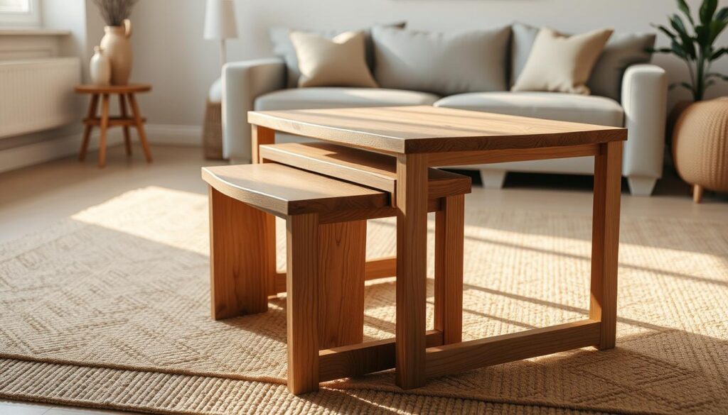A cozy and inviting nesting coffee table set, bathed in warm, soft lighting. In the foreground, two wooden tables of varying heights nested together, the smaller one partially tucked beneath the larger. Intricate wood grain textures and a subtle, matte finish create an organic, natural aesthetic. The middle ground features a plush, neutral-toned area rug, adding a touch of coziness. In the background, a minimalist, Scandinavian-inspired living room setting with pale walls and clean lines, allowing the focus to remain on the central coffee table composition. The overall mood is one of simplicity, comfort, and functionality - a versatile setup perfect for both everyday use and hosting gatherings.