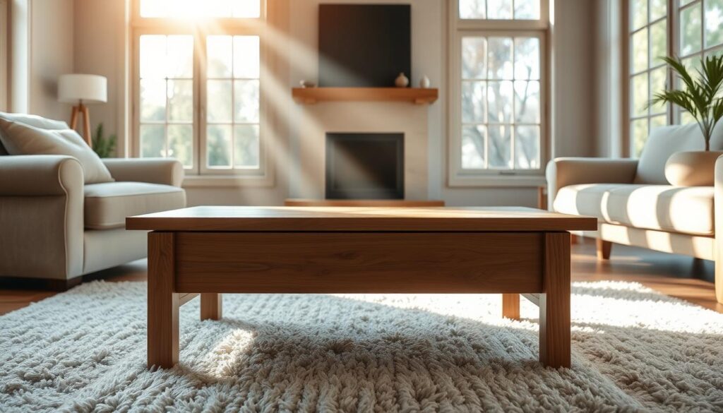 A cozy and well-proportioned coffee table sits atop a plush area rug, its sleek wood grain contrasting with the soft, neutral tones of the room. Beams of warm, natural light filter through large windows, casting a gentle glow on the tabletop and complementing the rustic charm of the space. The table's clean lines and minimalist design seamlessly integrate with the surrounding furniture, creating a harmonious and inviting atmosphere. The overall composition showcases the table's scale and functionality, highlighting how it enhances the room's overall aesthetic and livability.
