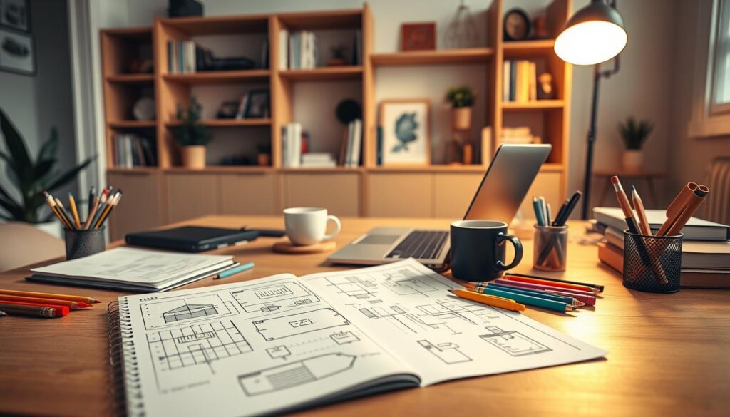 A cozy modern home office, with a well-organized desk showcasing a detailed project plan. The lighting is warm and inviting, casting a soft glow over the workspace. In the foreground, an open notebook displays sketches and diagrams, while a variety of pens, pencils, and highlighters are neatly arranged. The middle ground features a laptop and a mug of steaming coffee, emphasizing the focused, yet relaxed atmosphere. In the background, shelves display reference books and design inspiration, hinting at the thought-provoking process behind the project planning. The overall scene conveys a sense of careful consideration and attention to detail, setting the stage for the "Project Planning and Design Considerations" section of the article.
