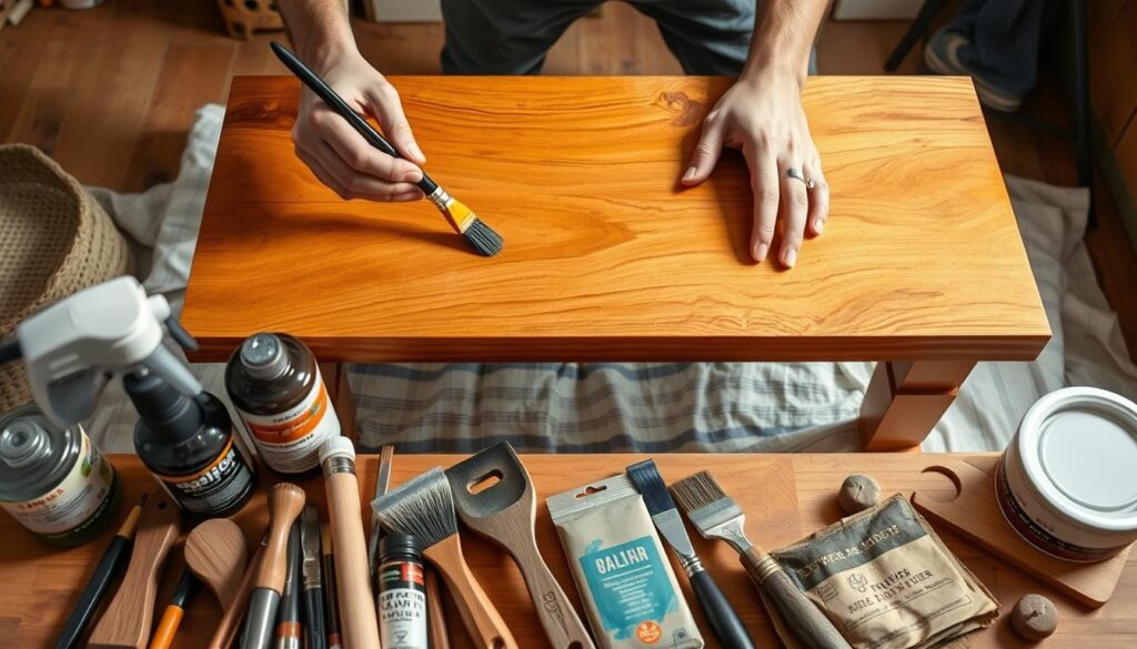 A craftsperson carefully applies the finishing touches to a DIY coffee table, meticulously painting and staining the surface in a warm, natural wood tone. The brushstrokes are precise, the grain of the wood visible beneath the glossy finish. Soft, directional lighting from an overhead source casts subtle shadows, highlighting the intricate details of the tabletop. In the foreground, a variety of wood finishing tools, stains, and sealants are neatly arranged, ready for the final steps in the table's transformation. The scene conveys a sense of focused dedication and the pride of a job well done, setting the stage for the next phase of the project.