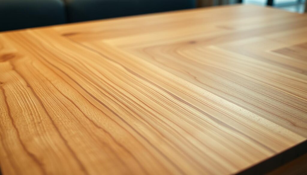 A detailed close-up of a well-crafted, premium quality wood coffee table top, featuring a smooth, natural grain pattern that showcases the unique character and warmth of the material. The wooden surface is illuminated by soft, diffused lighting that enhances the depth and texture of the wood, creating a serene and inviting atmosphere. The table's edges are gently rounded, lending a refined, tactile quality to the design. The overall composition emphasizes the inherent beauty and durability of the wood, highlighting why it is a wise choice for a DIY coffee table project that will stand the test of time.