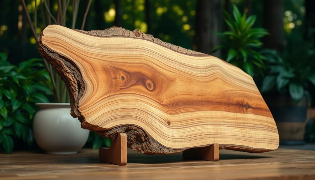 A detailed, high-resolution image of a live-edge wood slab in a well-lit, natural setting. The slab has a prominent, organic grain pattern and a smooth, textured surface. The slab is displayed against a backdrop of lush greenery, such as potted plants or a forest scene, creating a serene, earthy atmosphere. Warm, soft lighting illuminates the slab, highlighting its natural beauty and showcasing its potential as a DIY coffee table material. The camera angle is slightly elevated, providing a clear, unobstructed view of the slab's unique form and edges.