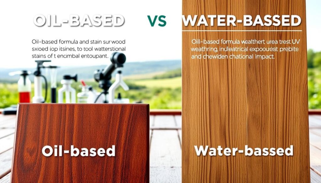 A detailed side-by-side comparison of oil-based and water-based wood stains, showcasing their durability and environmental impact. In the foreground, two expertly crafted wooden panels, one stained with an oil-based formula, the other with a water-based alternative. The oil stain glistens with a deep, rich tone, while the water-based stain displays a slightly more muted, natural appearance. In the middle ground, a series of scientific instruments and test equipment, meticulously documenting the stains' resistance to weathering, UV exposure, and chemical agents. The background features a serene, eco-friendly landscape, highlighting the sustainable aspects of the water-based stain. Soft, directional lighting emphasizes the textural details of the wood and the contrast between the two stain types. The overall composition conveys a sense of informed decision-making for the DIY enthusiast. A detailed side-by-side comparison of oil-based and water-based wood stains, showcasing their durability and environmental impact. In the foreground, two expertly crafted wooden panels, one stained with an oil-based formula, the other with a water-based alternative. The oil stain glistens with a deep, rich tone, while the water-based stain displays a slightly more muted, natural appearance. In the middle ground, a series of scientific instruments and test equipment, meticulously documenting the stains' resistance to weathering, UV exposure, and chemical agents. The background features a serene, eco-friendly landscape, highlighting the sustainable aspects of the water-based stain. Soft, directional lighting emphasizes the textural details of the wood and the contrast between the two stain types. The overall composition conveys a sense of informed decision-making for the DIY enthusiast.