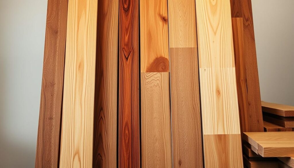 A high-resolution, detailed image of a variety of hardwood lumber, showcased in a well-lit, clean studio setting. The boards are neatly arranged, allowing the viewer to appreciate the distinct grains, textures, and color variations of different hardwood species, such as oak, maple, cherry, and walnut. The lighting is warm and natural, accentuating the rich tones and depth of the wood. The camera angle is slightly elevated, providing a clear, unobstructed view of the wood samples. The overall mood is one of quality, craftsmanship, and the natural beauty of these premium building materials, reflecting the educational nature of the "Wood 101" section of the article.