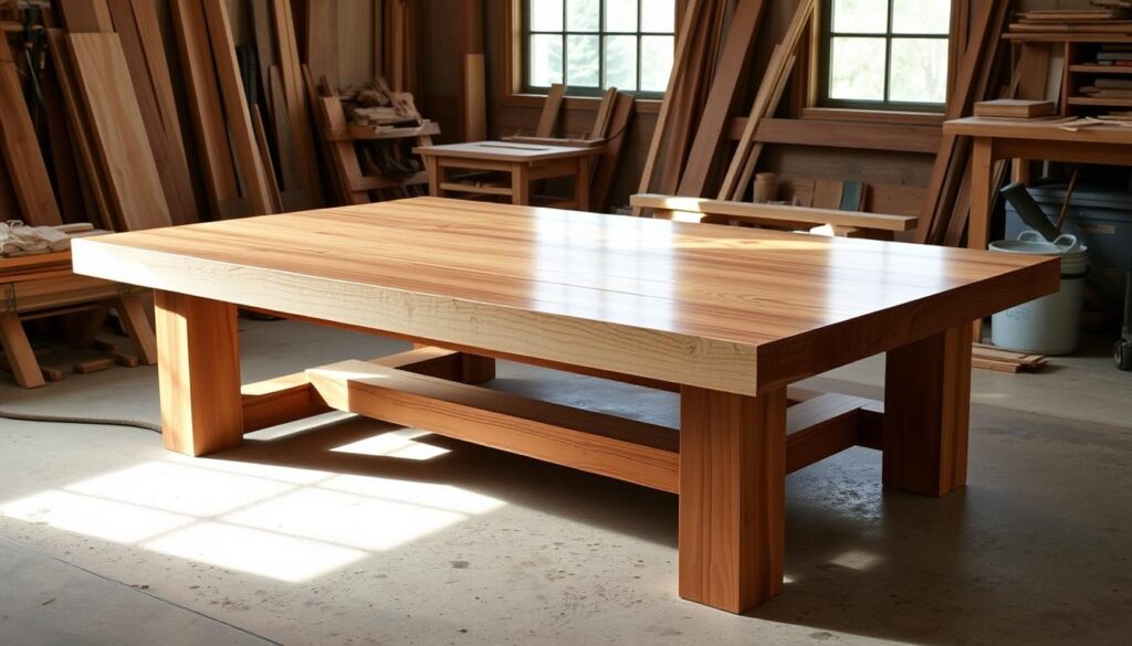 A large, solid wooden table stands prominently in a well-lit workshop. The surface is smooth and evenly grained, reflecting the warm glow of natural lighting. The table's substantial frame is constructed from thick, sturdy planks, suggesting a sturdy and durable piece of furniture. The table's proportions are precisely measured, its dimensions meticulously calculated to ensure a perfect fit within the space. The overall scene conveys a sense of craftsmanship, functionality, and attention to detail - the ideal setting to showcase the essential considerations for choosing the right wood for a DIY coffee table project.