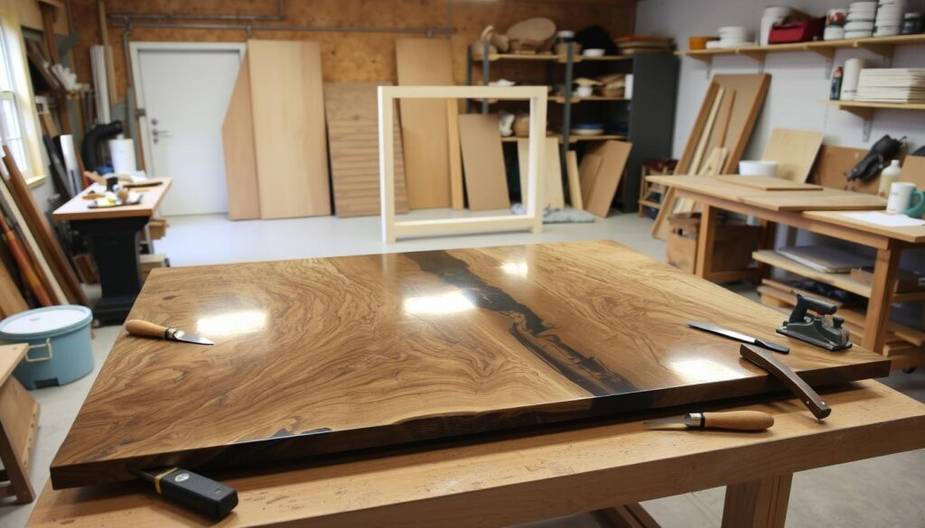 A large, well-lit workshop with a workbench in the foreground. On the workbench, an epoxy resin river table top is in various stages of the curing, demolding, trimming, and flattening process. Tools such as utility knives, sandpaper, and a hand planer are neatly arranged around the table top. The table top is partially cured, with the resin having a glossy, translucent appearance. In the middle ground, a mold frame stands empty, and in the background, shelves of epoxy supplies and finished projects are visible. The overall scene conveys a sense of focused, methodical craftsmanship.