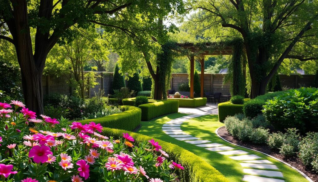 A lush, tranquil garden oasis with a warm, inviting atmosphere. In the foreground, a well-maintained flower bed bursting with vibrant blooms in shades of pink, purple, and yellow. A winding stone pathway leads through the middle ground, flanked by neatly trimmed hedges and towering shade trees casting soft, dappled light. In the background, a rustic wooden pergola stands, its sturdy beams and winding vines creating a sense of privacy and enclosure. The overall scene conveys a peaceful, serene ambiance, perfect for enjoying outdoor living and relaxation.