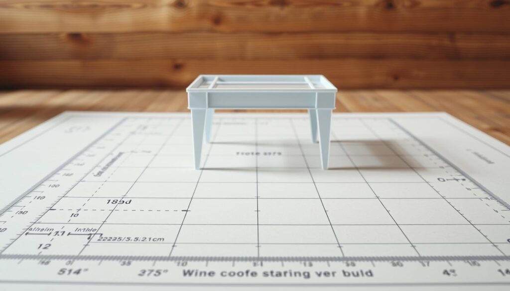 A meticulously detailed layout plan of measurement markings, showcasing the precise dimensions and spacing for constructing a vintage-inspired wine crate coffee table. The foreground displays a blueprint-style grid with clear ruler markings, highlighting the key measurements for the tabletop, legs, and overall structure. The middle ground features a 3D wireframe model, allowing for a comprehensive visualization of the planned design. In the background, a softly blurred vintage-toned wood texture creates a warm, rustic atmosphere, evoking the charm of the final project. Crisp lighting from an overhead source casts subtle shadows, adding depth and dimension to the technical specifications. The overall mood and composition convey a sense of careful planning and craftsmanship, perfectly suited for the "Measurements, Layout, and Planning Your Build" section of the article.