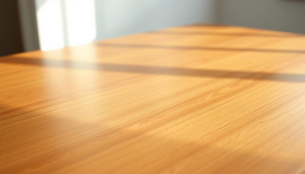 A meticulously sanded and polished wood tabletop, gleaming under soft, natural lighting. The surface displays a rich, warm hue and a silky-smooth finish, accentuating the natural grain patterns. Reflections of the ambient environment dance across the tabletop, creating a sense of depth and dimensionality. The tabletop is positioned in the foreground, with a clean, minimalist background that allows the material to take center stage. The lighting is gentle and diffused, creating a cozy, inviting atmosphere. The camera angle is slightly elevated, providing a detailed, close-up view of the refined, high-quality tabletop finish.