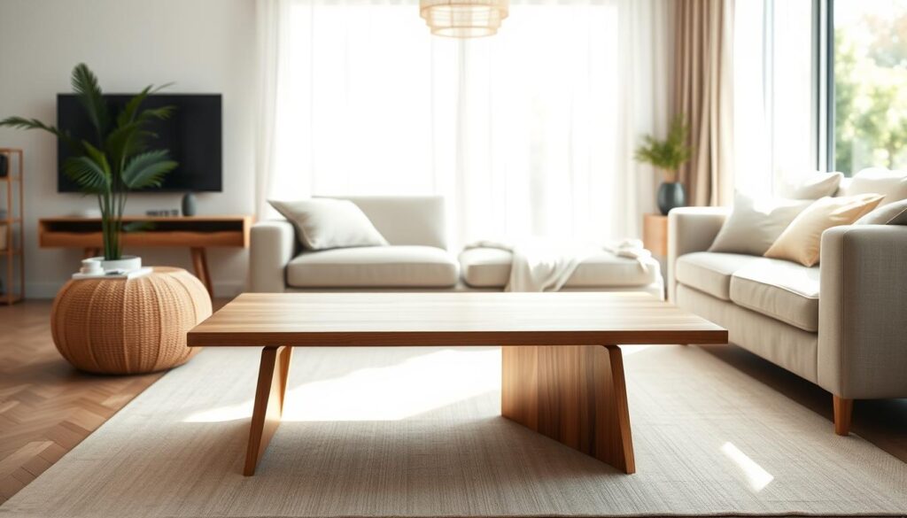 A minimalist yet stylish coffee table set against a backdrop of a cozy, sun-drenched living room. The table features a sleek, rectangular wooden top with a subtly textured surface, complemented by slender, tapered legs in a warm, natural finish. Soft, diffused lighting from a large window illuminates the scene, casting gentle shadows and highlighting the table's clean lines and elegant simplicity. The overall atmosphere is one of refined sophistication, seamlessly blending with the surrounding decor to create a harmonious, visually appealing interior design.