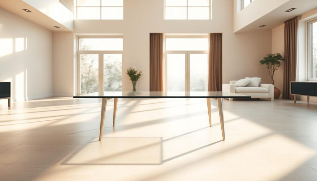 A modern, minimalist coffee table situated in the center of a spacious living room. The table has a sleek, rectangular glass top supported by slim, metal legs. The room is bathed in warm, natural light filtering through large windows, casting a soft, diffused glow across the table's surface. The floor around the table is clear, creating ample space for people to move freely, with a clean, unobstructed path leading to the table. The overall atmosphere is one of airy elegance, with the table serving as a focal point that seamlessly integrates with the room's open and inviting layout.