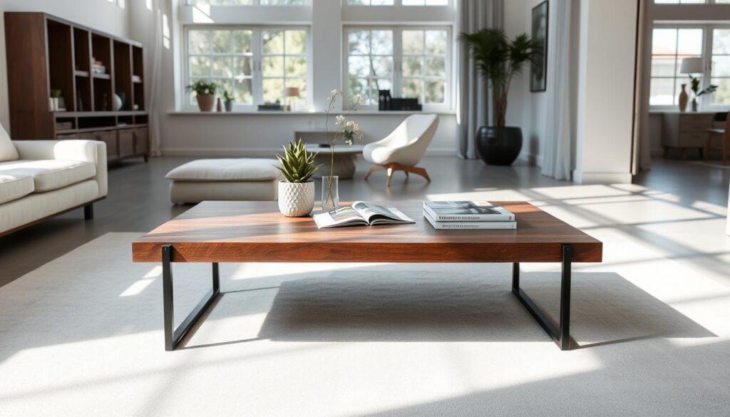 A modern, minimalist coffee table with a sleek, rectangular walnut wood top and slender black metal legs. The table is positioned in a bright, airy living room with large windows that let in natural light, casting a warm glow on the polished wood surface. The room has a neutral color palette of whites, grays, and natural textures, allowing the coffee table to be the focal point. The table is styled with a few carefully curated accessories, such as a potted plant and a stack of magazines, creating a sophisticated and inviting atmosphere. The overall mood is one of calm, understated elegance.