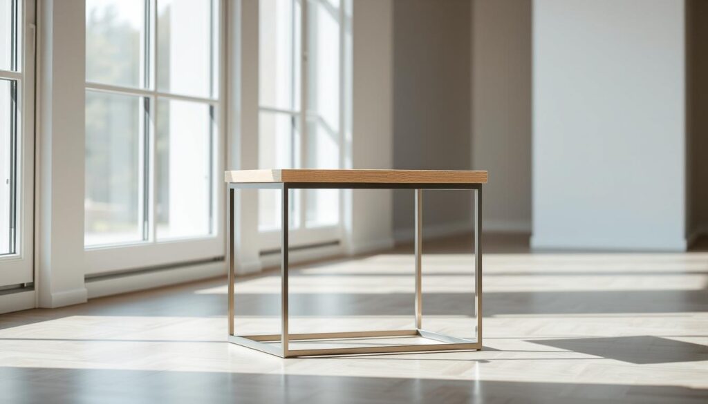 A modern, minimalist side table with a smooth, white oak top and a sleek, metal frame. The table is positioned in a well-lit, airy room with soft, natural lighting filtering through large windows. The clean, geometric design of the table complements the minimalist aesthetic of the space, creating a simple yet elegant piece that can serve as a functional side table or end table. The table is captured from a slightly elevated angle, showcasing its clean lines and highlighting the natural grain of the wood. The overall mood is one of calm and sophistication, inviting the viewer to imagine how this versatile piece could enhance their living space.