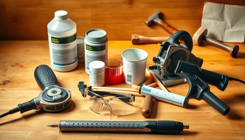 A neatly arranged still life of tools and materials for a DIY epoxy river coffee table project. In the foreground, a selection of essential tools - a rotary tool, a jigsaw, safety goggles, and a caulking gun. In the middle ground, epoxy resin, a measuring cup, and mixing sticks. In the background, a clamp, sandpaper, and a hammer on a wooden surface, all illuminated by warm, directional lighting that casts soft shadows, creating a sense of depth and professionalism. The overall mood is one of focused preparation, with a touch of rustic charm to match the nature-inspired project.