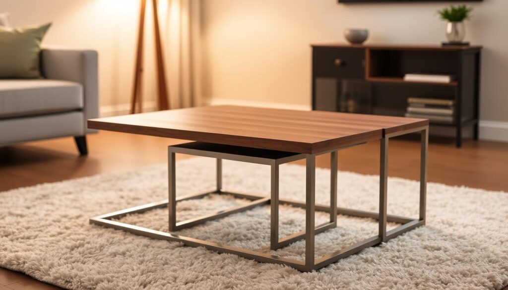A pair of elegant, modern nesting coffee tables in a cozy, well-lit living room. The larger table in the foreground is crafted from polished walnut wood with clean, minimalist lines. The smaller table nestled within is made of sleek, brushed metal with a subtle sheen. Both pieces are arranged artfully on a plush, neutral-toned area rug, bathed in warm, soft lighting from a nearby floor lamp. The scene conveys a sense of understated sophistication and functionality, perfectly suited for a versatile two-piece nesting coffee table set.