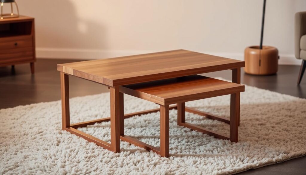 A pair of sleek, modern nested coffee tables with a minimalist design. The larger table, crafted from polished wood, stands as the focal point, complemented by a smaller table that neatly tucks underneath, creating a harmonious, space-saving arrangement. Soft, warm lighting from overhead fixtures casts a gentle glow, accentuating the natural grain and smooth texture of the wood. The tables are positioned on a plush, neutral-toned area rug, lending a cozy, inviting ambiance to the living space. The composition is captured from a slightly elevated perspective, allowing the viewer to appreciate the elegant, versatile nature of this nested coffee table set.
