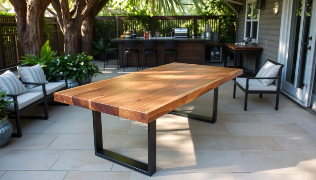 A rustic, hand-crafted wooden table stands in the center of a well-appointed patio, surrounded by lush greenery and a cozy seating arrangement. The table top is weathered and distressed, with a warm, natural grain that catches the soft, golden light filtering through the trees. Sleek, metal legs support the sturdy surface, creating a harmonious blend of industrial and organic elements. In the background, a well-stocked bar and a thoughtfully designed serving station beckon guests to gather and enjoy the perfect outdoor dining experience.