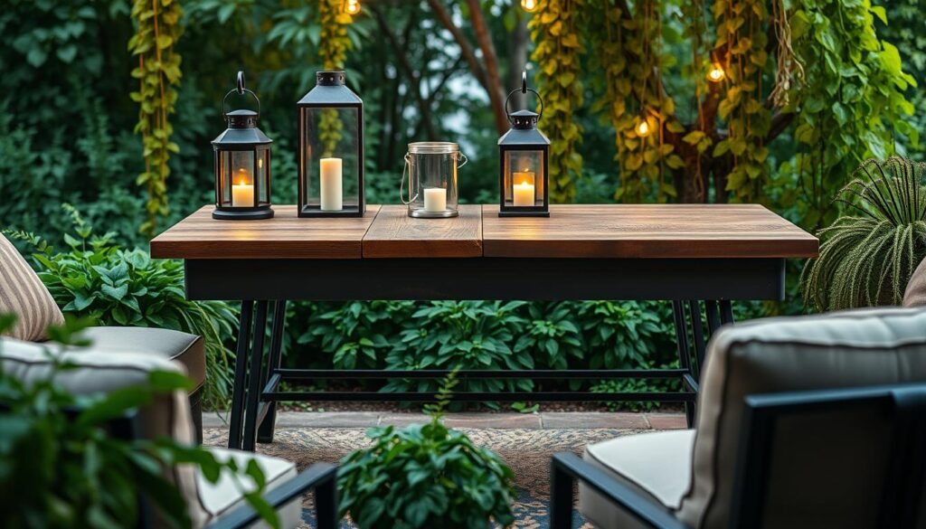 A rustic outdoor coffee table set against a lush, verdant background. The table features a distressed wood top with a weathered, time-worn appearance, complemented by sturdy iron or steel legs that evoke an industrial chic aesthetic. Warm lighting, perhaps from lanterns or string lights, casts a cozy glow over the scene, creating an inviting atmosphere perfect for alfresco gatherings. The table is surrounded by plush, cushioned outdoor seating, suggesting a comfortable and relaxing patio or porch setting. Lush potted plants, trailing vines, or a backdrop of leafy trees add a touch of nature to the composition, blending the table seamlessly into its outdoor environment. A rustic outdoor coffee table set against a lush, verdant background. The table features a distressed wood top with a weathered, time-worn appearance, complemented by sturdy iron or steel legs that evoke an industrial chic aesthetic. Warm lighting, perhaps from lanterns or string lights, casts a cozy glow over the scene, creating an inviting atmosphere perfect for alfresco gatherings. The table is surrounded by plush, cushioned outdoor seating, suggesting a comfortable and relaxing patio or porch setting. Lush potted plants, trailing vines, or a backdrop of leafy trees add a touch of nature to the composition, blending the table seamlessly into its outdoor environment.