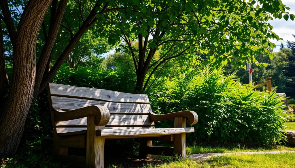 A rustic wooden bench, weathered and worn, sits nestled amidst a lush garden oasis. Dappled sunlight filters through the canopy of verdant foliage, casting a warm, inviting glow upon the scene. The bench's sturdy construction and classic design evoke a timeless charm, perfectly complementing the serene outdoor setting. Soft, wispy clouds drift overhead, adding to the tranquil ambiance. The angle of the camera captures the bench from a slightly elevated perspective, highlighting its inviting presence and the surrounding natural beauty. This cozy seating arrangement exudes a sense of relaxation and peaceful contemplation, beckoning the viewer to pause, unwind, and savor the simple pleasures of the great outdoors.