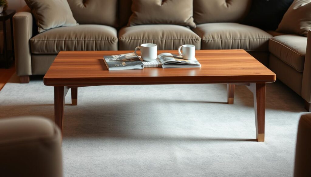 A sleek, modern coffee table stands at the perfect height for comfortable reach and conversation. Meticulously crafted from rich, warm-toned hardwood, its clean lines and minimalist design create an inviting centerpiece. Soft, indirect lighting casts a gentle glow, accentuating the natural grain. The table's surface is free of clutter, inviting the viewer to imagine placing a steaming mug or a stack of magazines within easy grasp. Plush, complementary upholstery in muted tones surrounds the table, creating a cozy, ergonomic seating arrangement. The overall scene exudes a sense of relaxed sophistication, perfect for an article on optimizing coffee table height for everyday use and enjoyment.