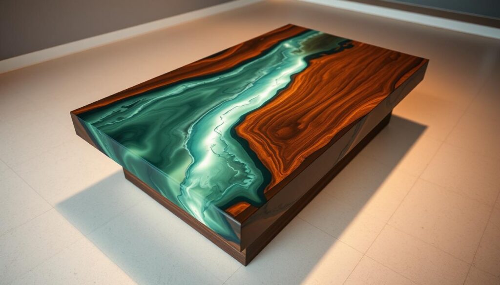 A stunning river table with a clear epoxy resin flowing through the center, creating a mesmerizing visual effect. The table is made of rich, dark wood grain that contrasts beautifully with the luminous, translucent resin. Soft, warm lighting casts a gentle glow, highlighting the depth and complexity of the resin's swirling patterns. The table is positioned in a serene, minimalist setting, allowing the natural beauty of the materials to take center stage. The camera angle captures the table from a slightly elevated perspective, emphasizing the flow and movement of the resin river. The overall composition evokes a sense of tranquility and craftsmanship, perfectly suited to illustrate the success and learning potential of creating a captivating epoxy river coffee table.