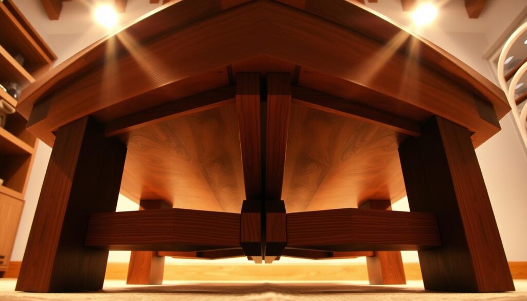 A sturdy, well-crafted coffee table stands firmly on its base, the joints interlocked with precision, each leg a solid column supporting the weight above. Beams of warm, indirect lighting cast a cozy glow, accentuating the rich wood grain and smooth, even surfaces. The table's stately presence exudes an air of stability, hinting at the thoughtful engineering that went into its design. Viewed from a low angle, the table's sturdy construction is the focal point, conveying a sense of reliability and attention to detail.