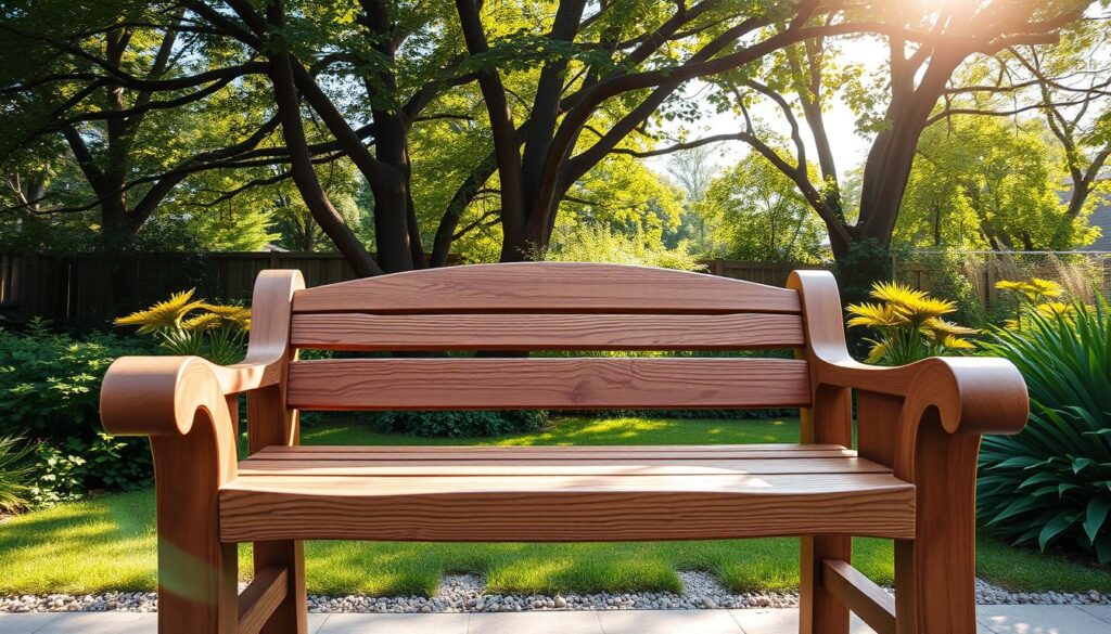 A sturdy, wooden planter bench sits invitingly in a lush, verdant backyard. Sunlight filters through the canopy of trees, casting a warm, golden glow on the textured wood surface. Curvaceous armrests and a slatted backrest offer comfort and support, while the planter boxes at either end add a touch of greenery. The scene exudes a sense of tranquility and relaxation, perfectly suited for an outdoor oasis. The camera captures the scene from a slightly elevated angle, showcasing the intricate craftsmanship and natural elegance of this handcrafted piece of outdoor furniture.