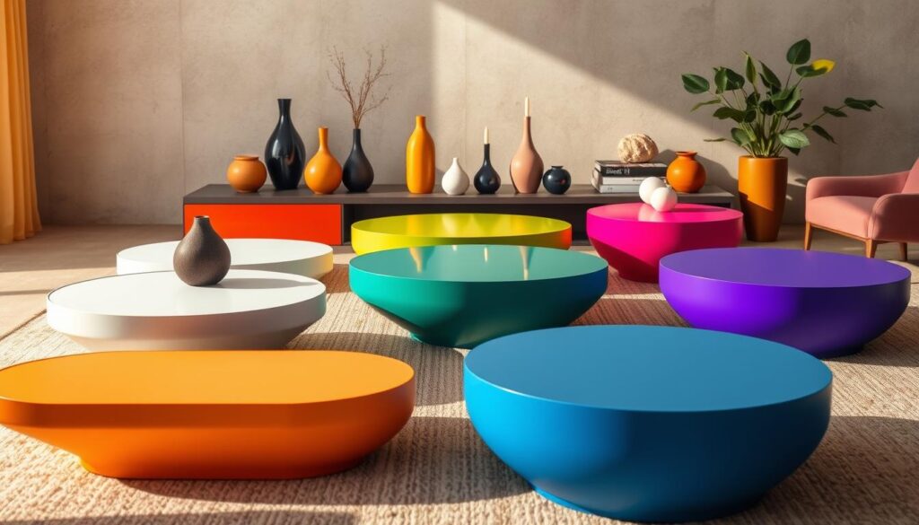 A vibrant, stylized still life capturing a diverse array of color. In the foreground, an arrangement of sleek, modern coffee tables in a range of hues - from rich, earthy tones to bold, saturated shades. The middle ground features an assortment of decorative objects, including vases, candles, and small sculptures, all carefully selected to complement the table colors. The background is a softly blurred, textured wall, lending a sense of depth and sophistication. The lighting is warm and natural, casting gentle shadows and highlights that accentuate the forms and finishes. The overall composition is balanced, dynamic, and visually captivating, perfectly suited to inspire design choices and spark creativity.