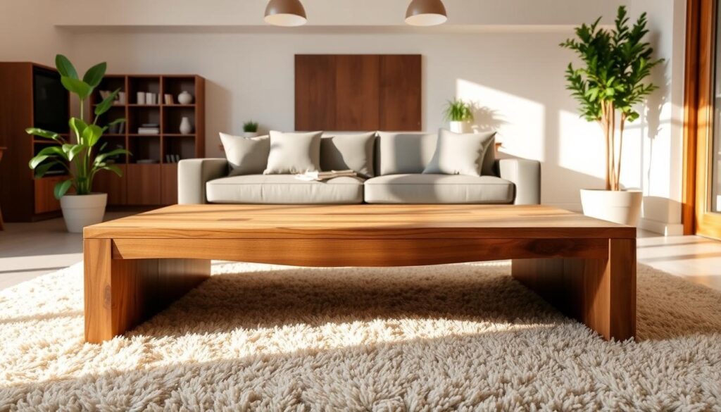 A warm and inviting wood coffee table in a well-lit, modern living room. The table has a smooth, natural grain and a sleek, minimalist design. It is placed on a plush, beige area rug, with lush, green potted plants flanking it. Soft, diffused lighting from overhead fixtures casts a cozy glow, highlighting the rich hues and textures of the wood. The scene exudes a sense of refinement and understated elegance, perfectly suited for the "Ultimate Guide to Choosing Wood for Your DIY Coffee Table Project" section.