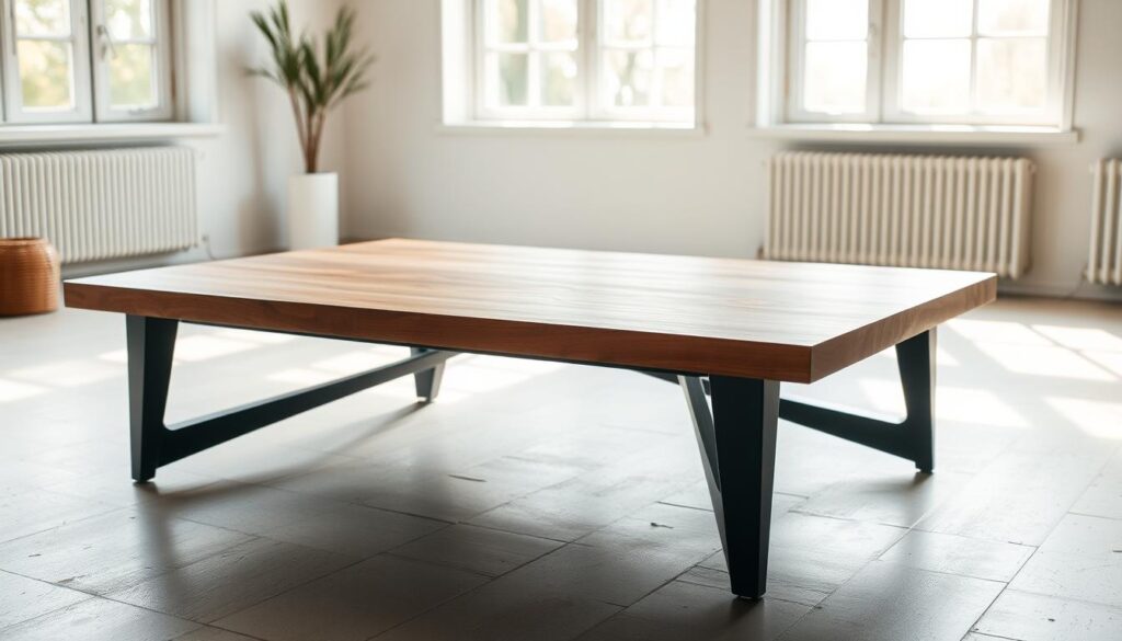 A well-crafted, beautifully finished coffee table in a sun-drenched studio. The tabletop is a rich, warm wood with a smooth satin sheen, showcasing the natural grain. Elegant tapered legs in a muted matte black support the tabletop, creating a harmonious blend of materials. Soft, diffused lighting from large windows bathes the scene in a gentle glow, highlighting the table's refined details and textures. The overall mood is one of understated sophistication, inviting the viewer to imagine this coffee table as the centerpiece of a cozy, welcoming living space. A well-crafted, beautifully finished coffee table in a sun-drenched studio. The tabletop is a rich, warm wood with a smooth satin sheen, showcasing the natural grain. Elegant tapered legs in a muted matte black support the tabletop, creating a harmonious blend of materials. Soft, diffused lighting from large windows bathes the scene in a gentle glow, highlighting the table's refined details and textures. The overall mood is one of understated sophistication, inviting the viewer to imagine this coffee table as the centerpiece of a cozy, welcoming living space.