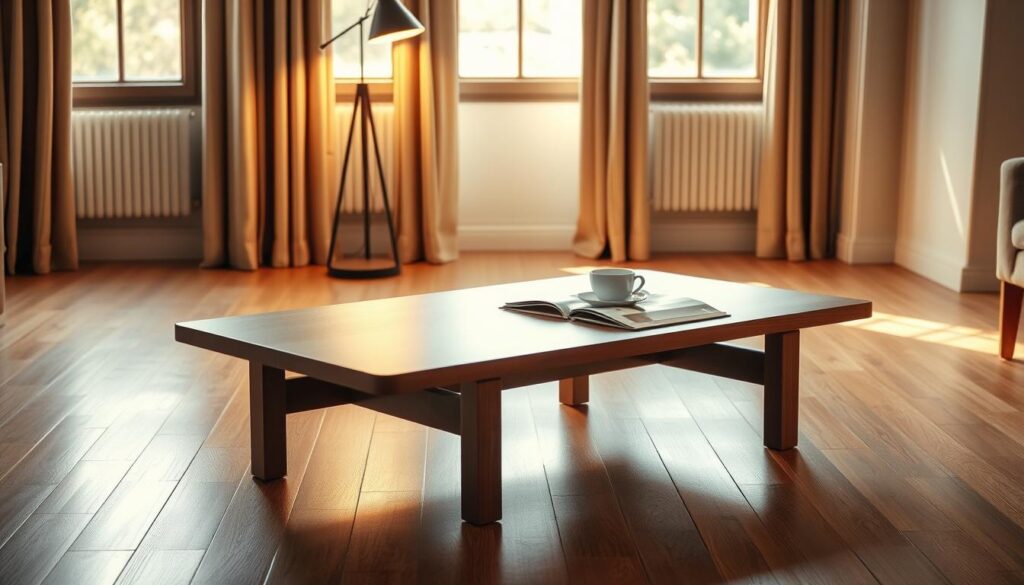 A well-crafted, sturdy coffee table resting on a polished hardwood floor, bathed in warm, soft lighting from a pair of sleek mid-century modern lamps. The table's surface features a minimalist, clean-lined design with a smooth, matte finish, inviting one to rest a cup of freshly brewed coffee or a design magazine. The scene exudes a sense of understated elegance, perfectly complementing the sophisticated, timeless aesthetic of the space.