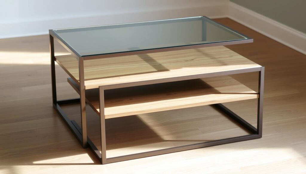 A well-designed pair of nested coffee tables, featuring a sleek modern aesthetic. The larger table has a glass top showcasing a minimalist metal frame, while the smaller table nestled underneath has a smooth wooden surface in a complementary tone. Soft, even lighting illuminates the arrangement, casting subtle shadows that accentuate the clean lines and geometric shapes. The tables are positioned on a neutral-colored hardwood floor, creating a cohesive, harmonious composition that would seamlessly integrate into a contemporary living space. The overall mood is one of understated elegance and functionality.