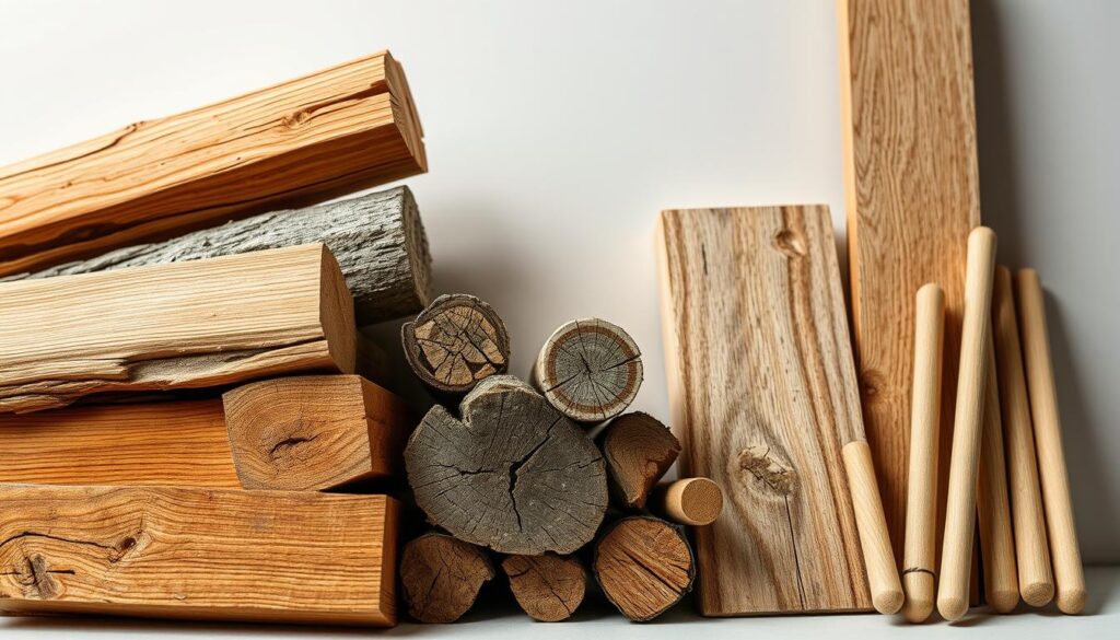 A well-lit, close-up still life of various wood materials for outdoor projects, including rough-sawn cedar planks, weathered pine logs, coarse-grained oak boards, and smooth maple dowels. The wood tones range from warm amber to cool gray, with the grain patterns and natural knots and textures clearly visible. The pieces are arranged in the foreground on a clean, neutral background, allowing the materials to be the focal point. Soft, directional lighting from the side casts gentle shadows, accentuating the depth and tactile qualities of the woods. The overall mood is one of craftsmanship, natural beauty, and the promise of creative outdoor projects.