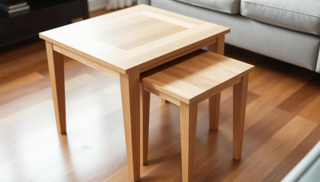 A well-lit, high-angle shot of a sophisticated two-piece and three-piece nesting table set displayed side-by-side on a hardwood floor. The foreground features the nested tables' clean, minimalist design in natural wood tones, with smooth, tapered legs and a sleek, rectangular tabletop. The middle ground showcases the versatility of the nested arrangement, with the smaller tables seamlessly sliding under the larger one. The background softly blurs, emphasizing the practical and space-saving qualities of this furniture style.