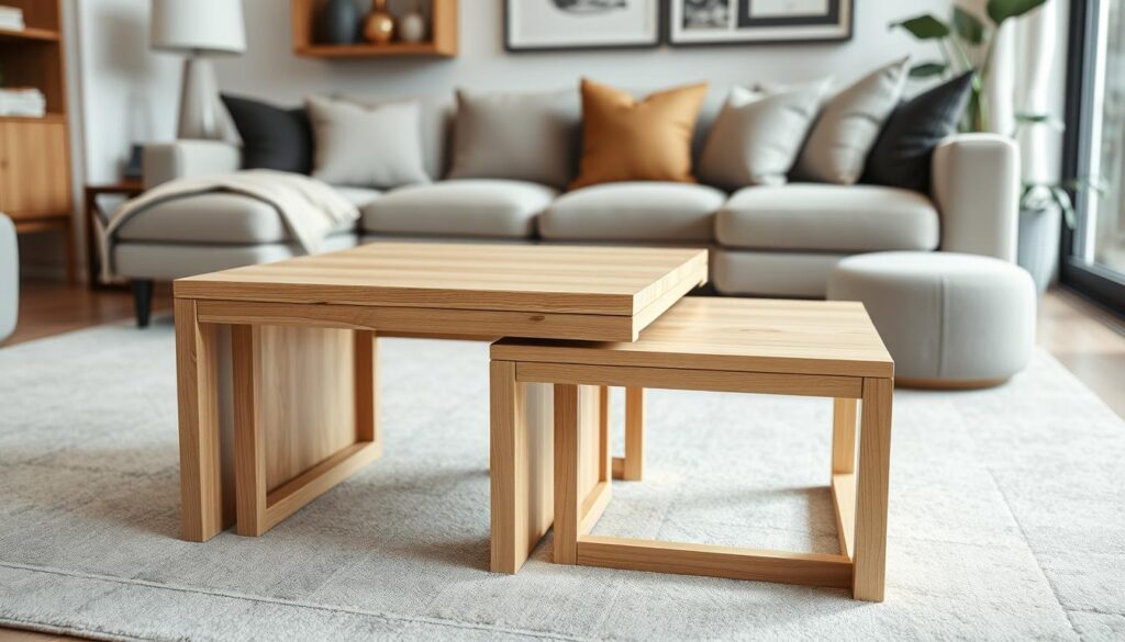 A well-lit, high-contrast image of a set of nested coffee tables in a modern living room setting. The foreground features two matching rectangular tables of varying sizes, crafted from sleek, light-colored wood with clean lines and a minimalist aesthetic. The middle ground showcases the tables in the context of a tastefully decorated living space, with a plush sofa, neutral-toned walls, and subtle accent pieces. The background subtly blends the scene with a softly defocused view of the surrounding room, emphasizing the versatility and proportions of the nested tables. The overall composition conveys a sense of balance, functionality, and contemporary design.