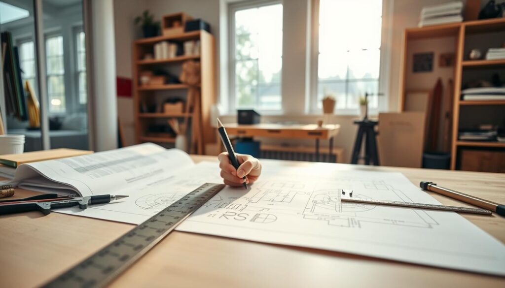 A well-lit modern home workspace, with a desk neatly arranged with a ruler, caliper, protractor, and other precision measurement tools. In the foreground, a person's hands carefully marking measurements on a blueprint spread out on the desk. Soft natural lighting streams in through large windows, casting a warm glow and highlighting the intricate details of the workspace. The background features shelves of organized tools and materials, creating a sense of focus and attention to detail. An aura of calm concentration pervades the scene, reflecting the care and precision required for the DIY coffee table project.