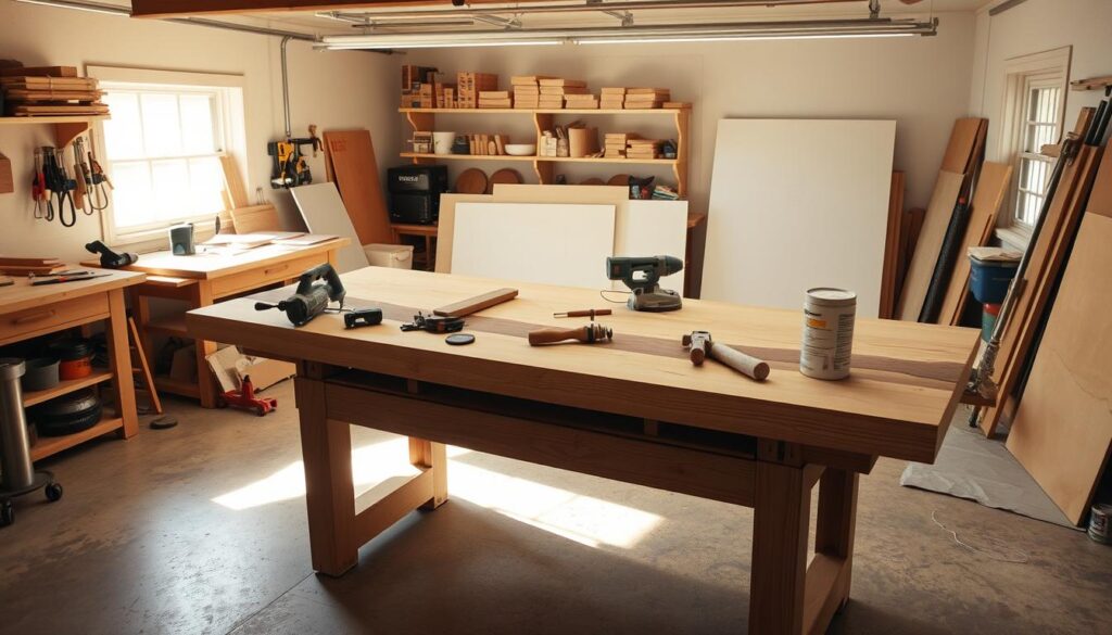 A well-lit, spacious workshop interior with a large, sturdy workbench positioned prominently in the center. On the surface, an array of tools and materials are neatly arranged, including a jigsaw, clamps, sand paper, and a container of epoxy resin. In the background, shelves hold various woodworking supplies and a large sheet of melamine or HDPE lies ready to be used as the form for the epoxy river table. Soft, directional lighting casts warm shadows, creating a focused, productive atmosphere ideal for this intricate project.
