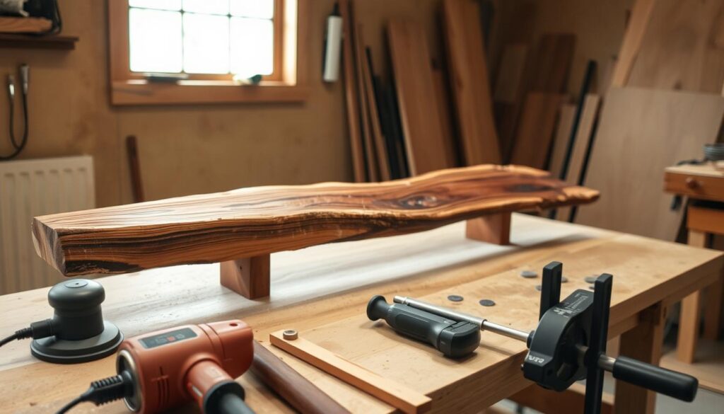 A well-lit workshop setting, a wooden live edge slab resting on a sturdy workbench. The slab's edges are slightly rough, waiting to be smoothed and prepared for an epoxy river coffee table project. In the foreground, various woodworking tools are neatly arranged, including a hand sander, a circular saw, and a set of clamps. The background features a window, letting in natural light that casts a warm glow on the scene. The overall atmosphere conveys a sense of focused, methodical preparation, setting the stage for the creation of a beautiful and functional piece of furniture.