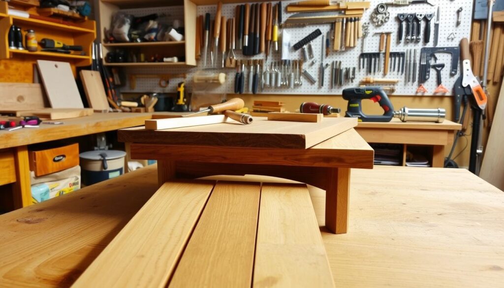 A well-lit workshop, with an array of high-quality woodworking tools neatly arranged on a sturdy workbench. In the foreground, a selection of warm-toned hardwood boards, their rich grains and smooth textures inviting the viewer to reach out and feel their solidity. Midground, a variety of wood joinery tools - chisels, hand saws, and a portable power tool - suggesting the precise, skilled craftsmanship required for the project. In the background, a pegboard displays a collection of hardware, fasteners, and finishing supplies, hinting at the attention to detail and durability that will go into the nested coffee tables. The scene exudes a sense of purpose, functionality, and the pride of creating something built to last.