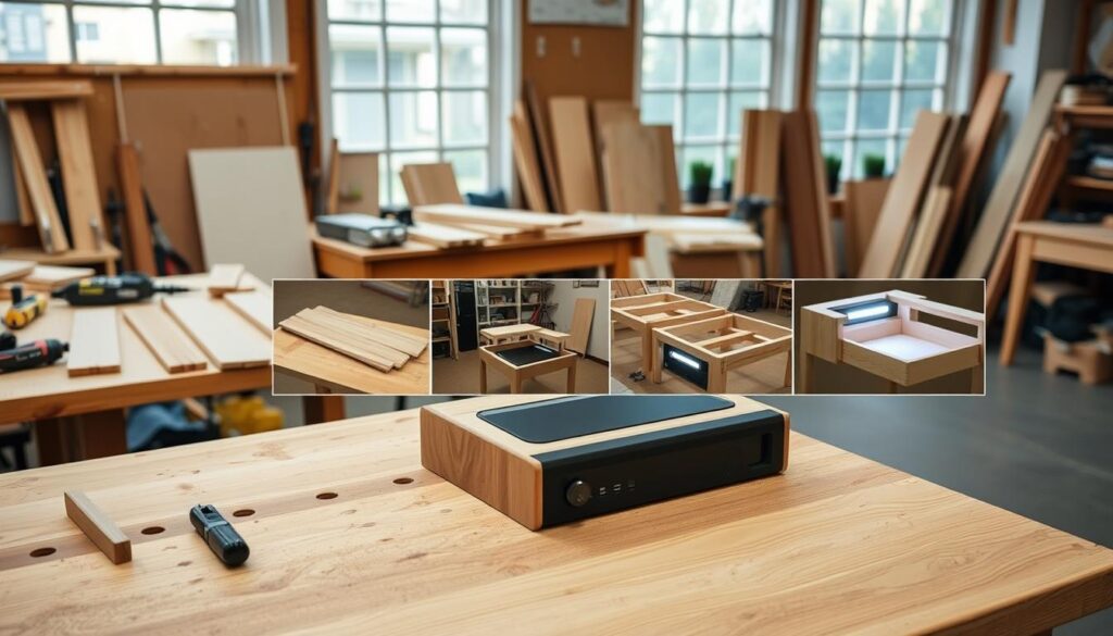 A workshop setting with a wooden workbench in the foreground, various woodworking tools neatly arranged on its surface. In the middle ground, a sequence of steps showcasing the construction of a DIY coffee table - cutting and sanding wooden boards, assembling the frame, installing the charging station and LED lighting components. The background features a well-lit, airy space with natural lighting filtering through large windows, creating a warm, inviting atmosphere. The overall scene conveys a sense of organized, step-by-step progression in the woodworking process, suitable for illustrating the "Designing a DIY Coffee Table with Built-In Charging Station and LED Lighting" section.