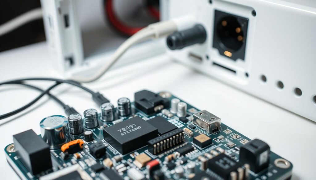 Detailed, technical schematic of a power components charging system integration. Foreground shows a circuit board with various electronic components like capacitors, resistors, and microcontrollers, all neatly arranged. Middle ground displays power cables, connectors, and a USB port for charging. Background features a sleek, minimalist enclosure with ventilation holes, hinting at a compact, efficient design. Lighting is clean, bright, and evenly dispersed, highlighting the intricate details. Camera angle is slightly elevated, providing an isometric view to showcase the comprehensive integration of the charging system. The overall mood is one of precision, functionality, and modern, cutting-edge technology.
