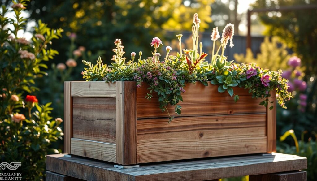 Detailed wooden planter box in a lush outdoor garden setting. Weathered natural wood construction with clean lines and minimalist design. Ornamental plants and flowers spilling over the sides, creating a vibrant, earthy display. Warm, soft lighting from the afternoon sun filters through the surrounding foliage, casting gentle shadows. The planter is positioned on a raised platform, allowing it to be the focal point of the scene. A sense of tranquility and serene beauty pervades the composition.