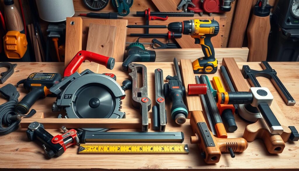 Essential woodworking tools laid out on a work bench. saw dust is mixed in with the tools. the tools look used and hi quality