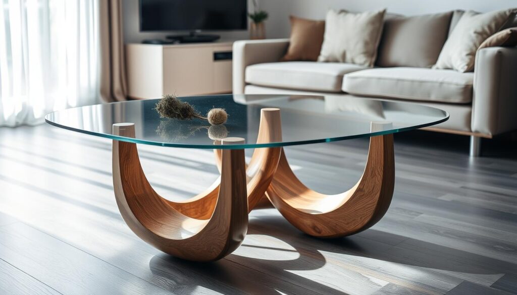 Glass top DIY coffee table with wooden base showing craftsmanship beneath